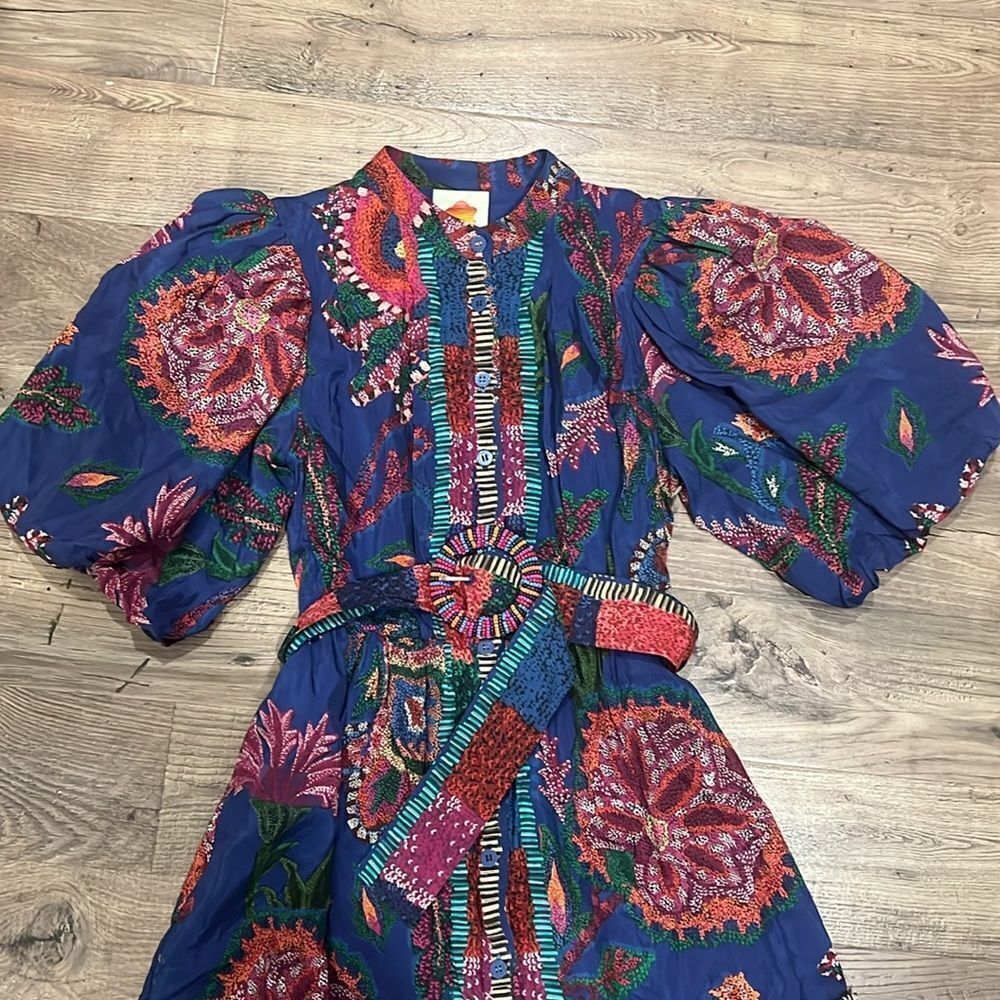 New FARM Rio Sunset Tapestry Belted Cotton Blend Minidress Sz XXS - Picture 6 of 8